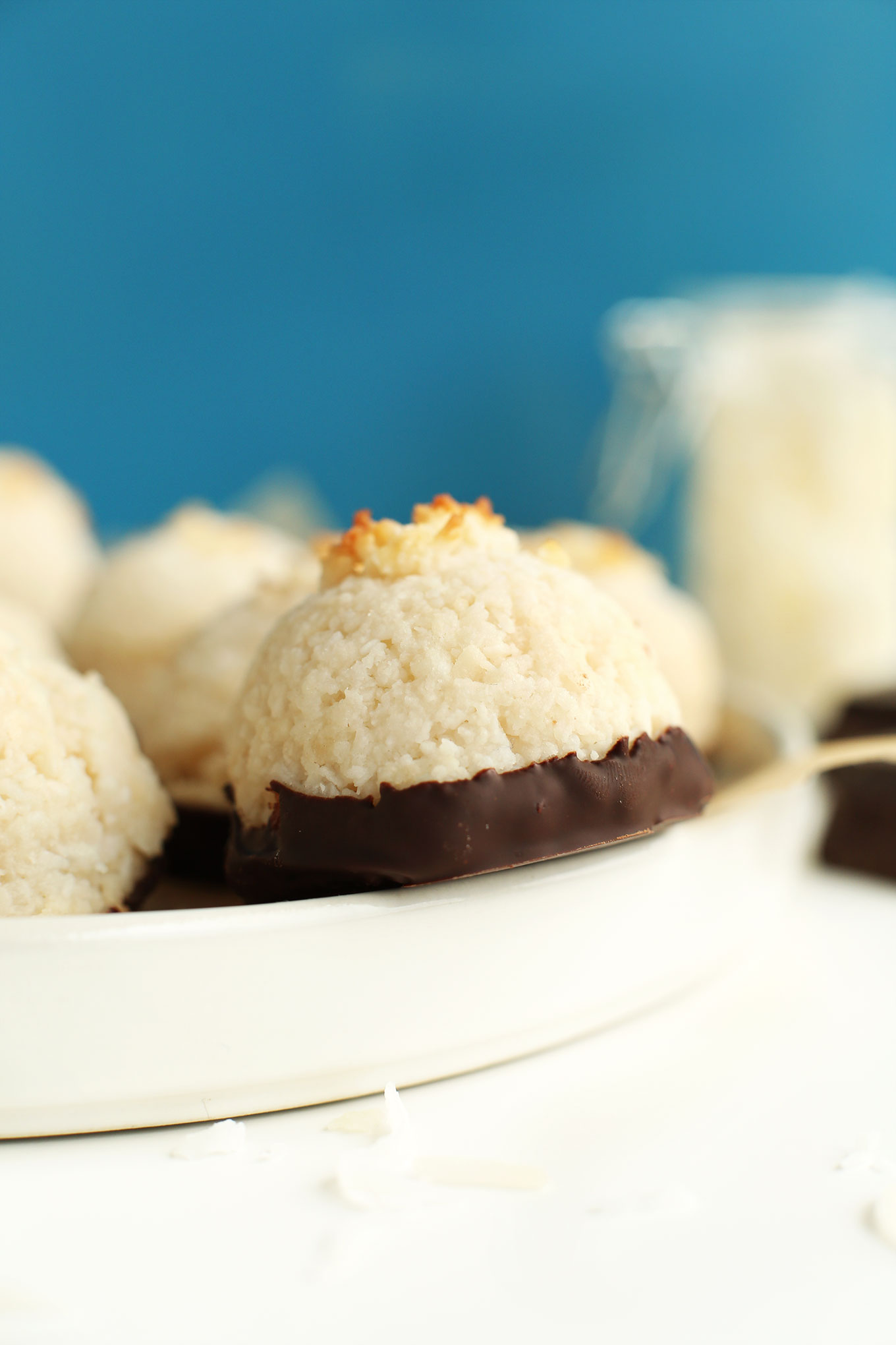 Close up shot of a Dark-Chocolate Dipped Coconut Macaroon