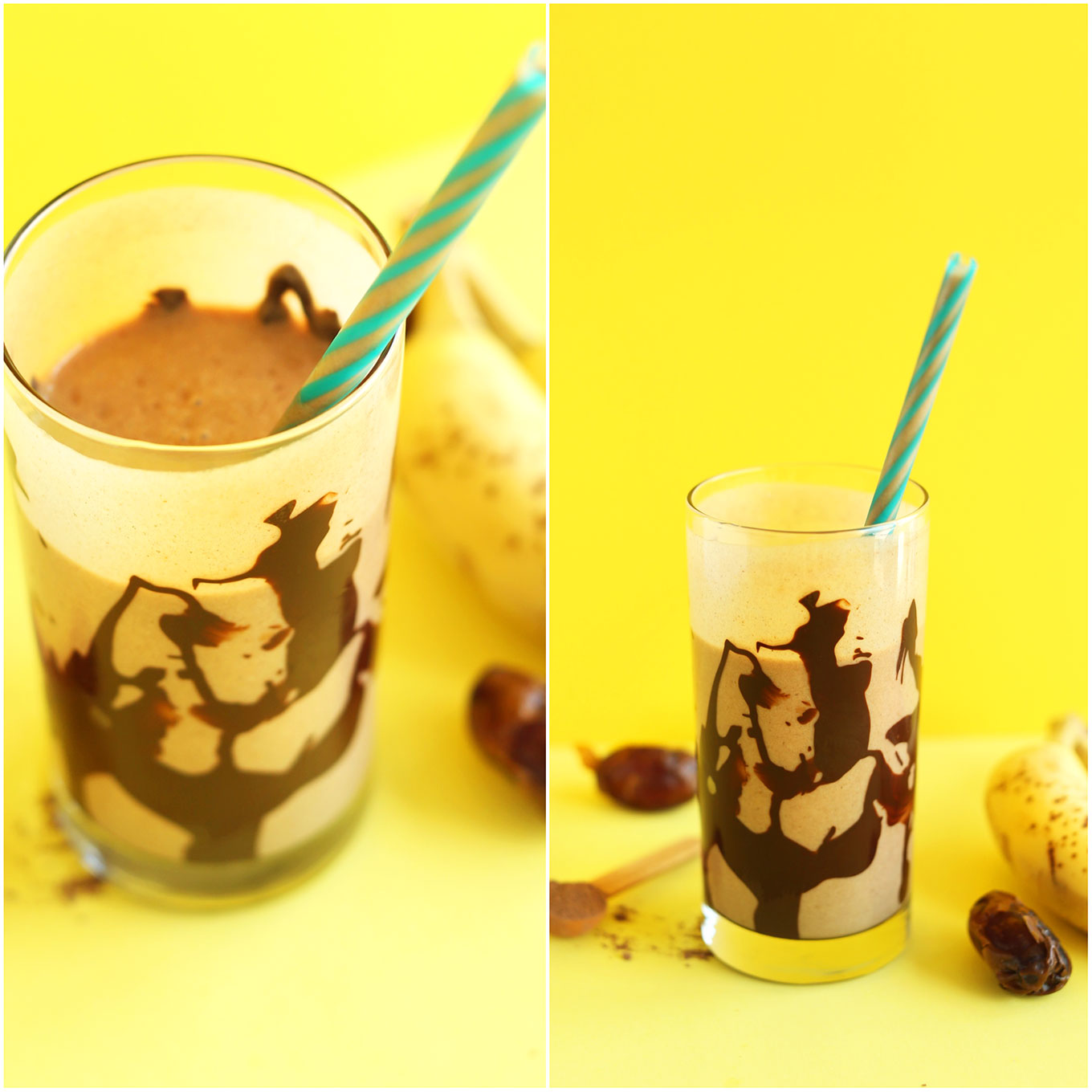 Glasses of our healthy Peanut Butter Banana Chocolate Shake for a gluten-free vegan treat