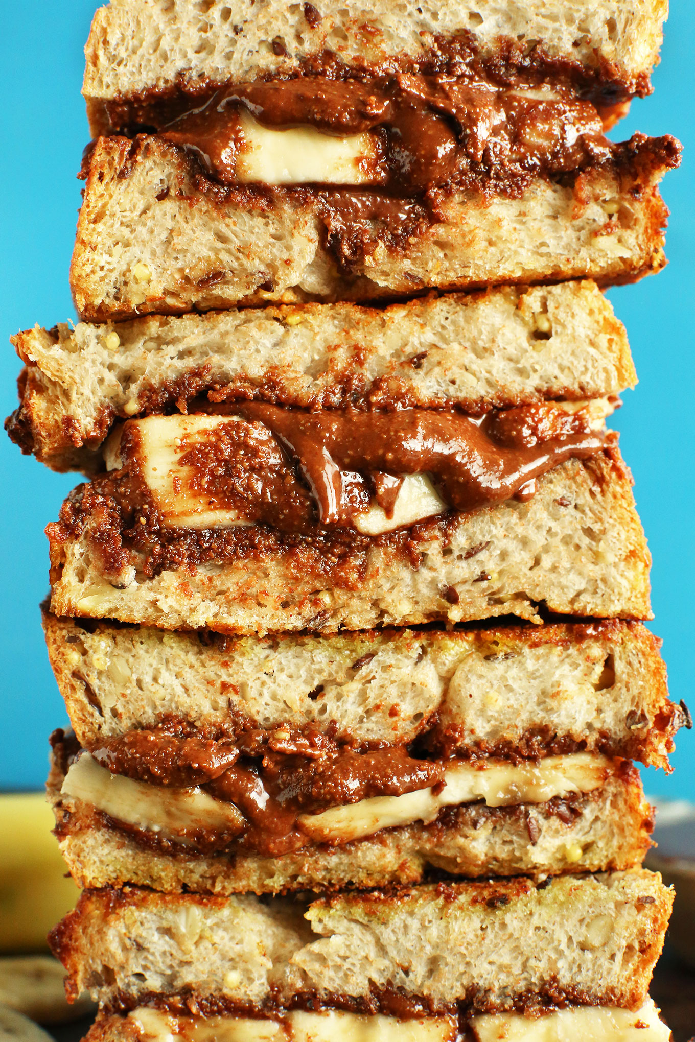 Close up shot of a stack of our delicious Banana Nutella Sandwiches