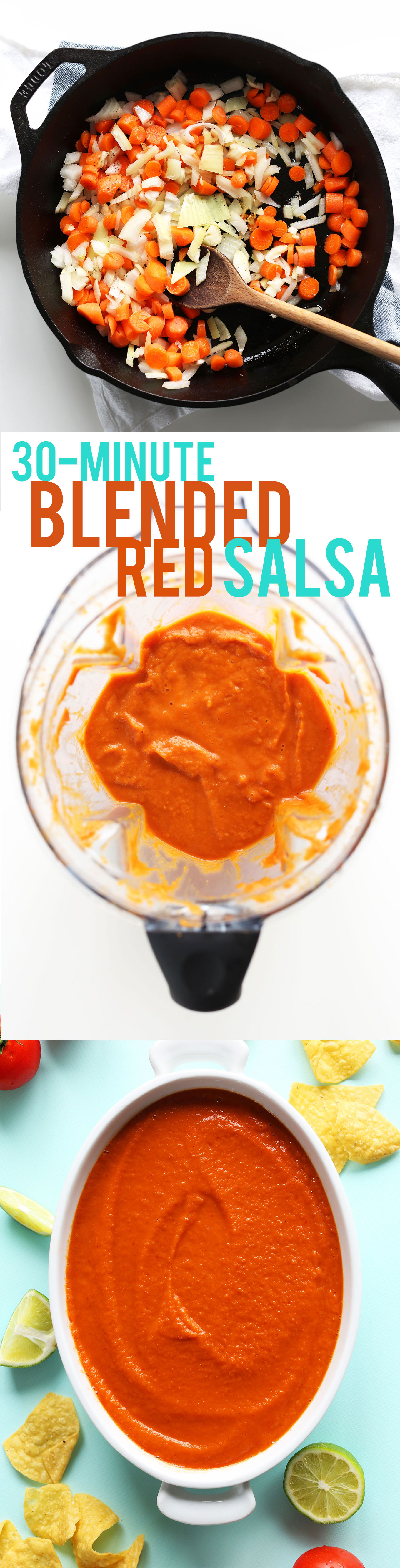 Series of photos showing the steps for making our healthy vegan Blended Red Salsa