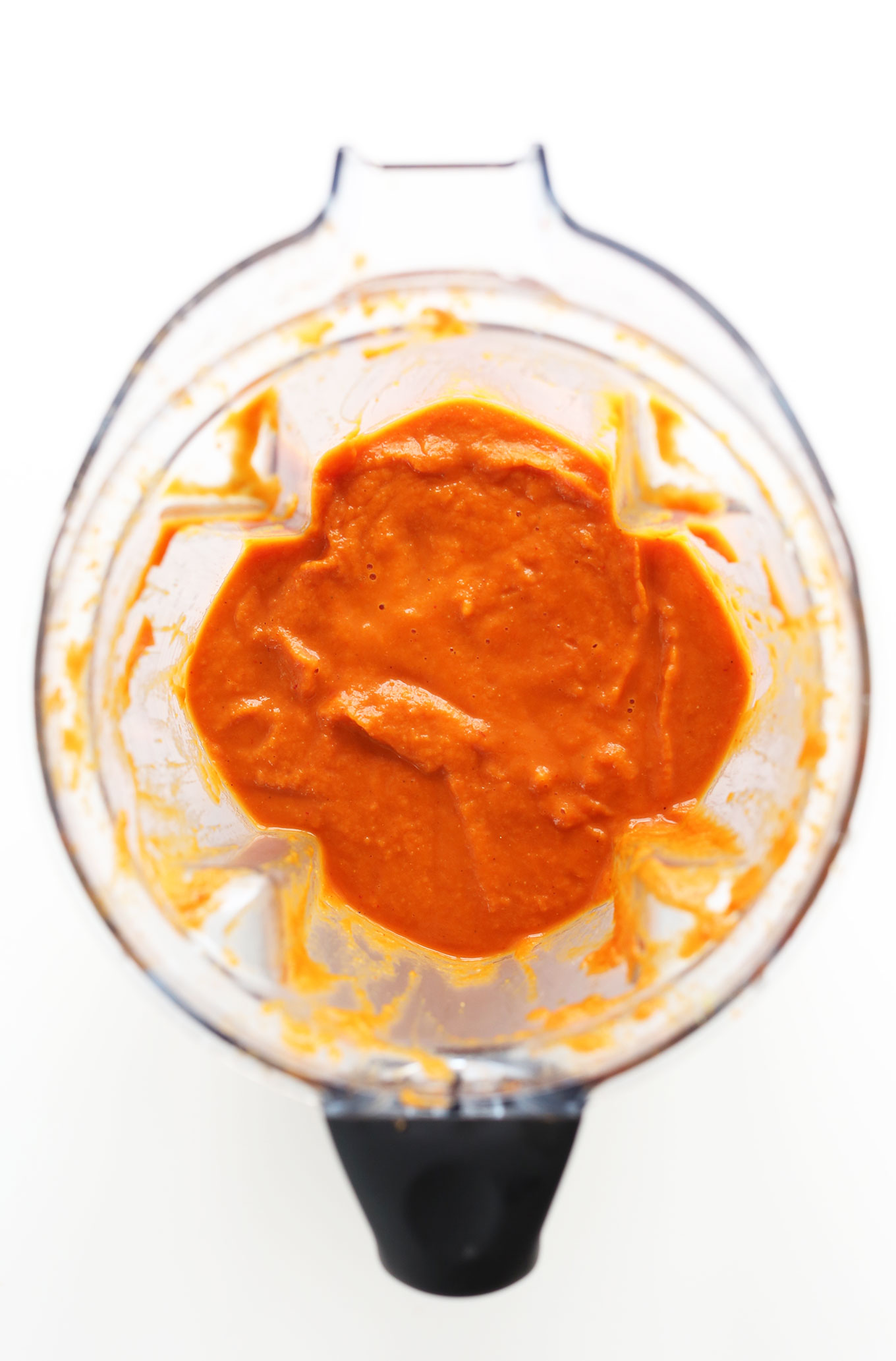 Blender filled with our homemade Red Salsa with Chipotle Peppers