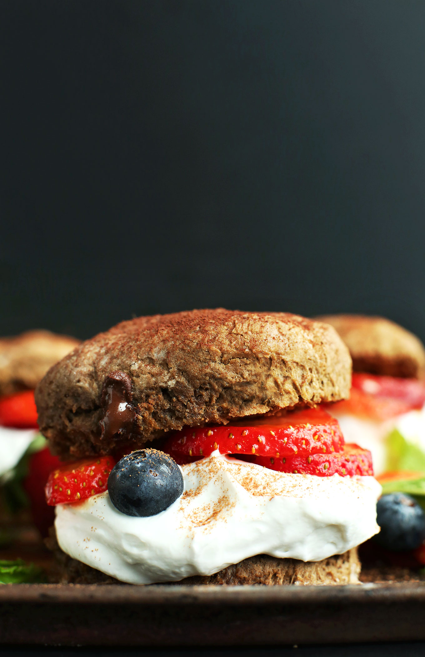 Flaky Chocolate Shortcakes with coconut whip and fresh berries for a delicious vegan dessert