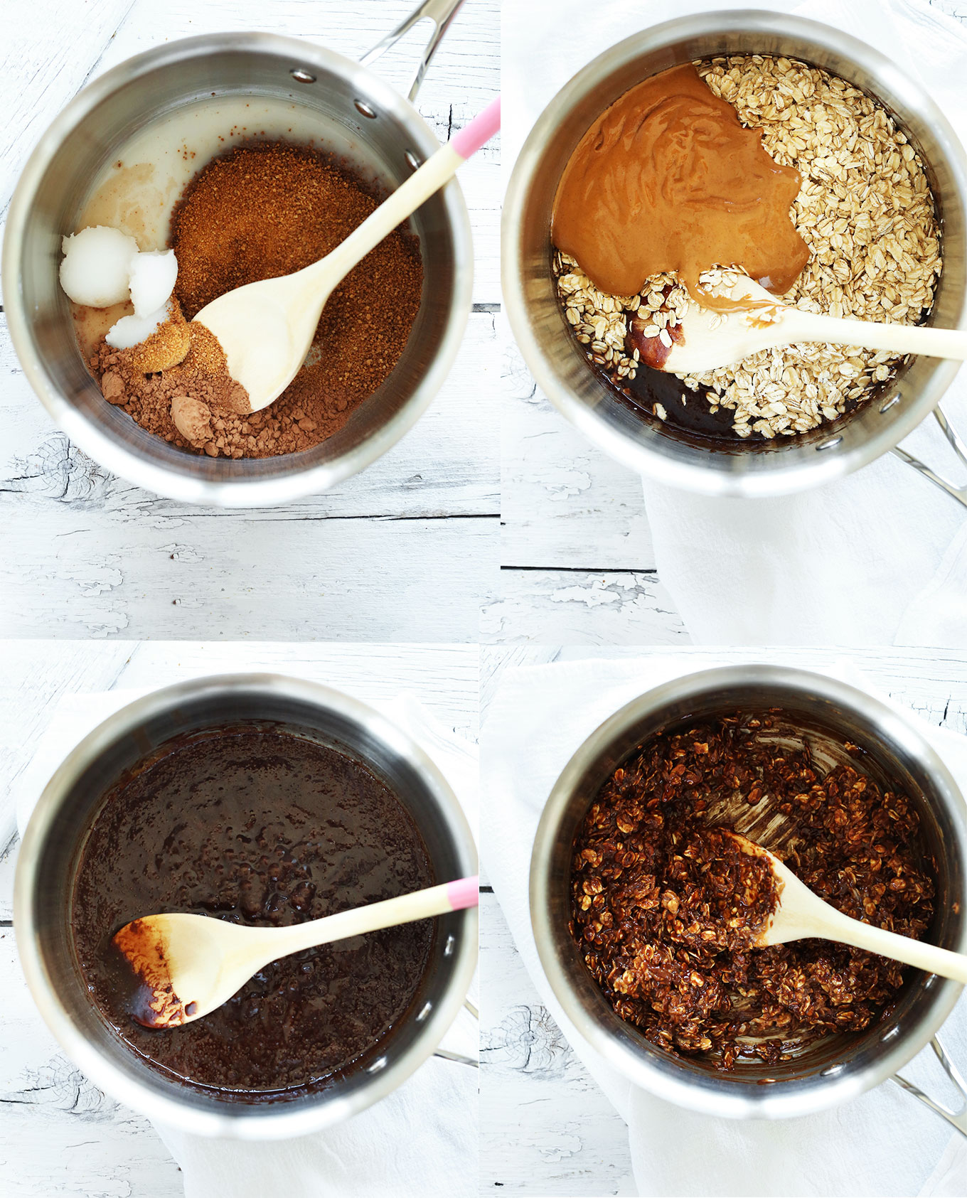 Photos showing the addition of ingredients to a saucepan for our No-Bake Cookies recipe