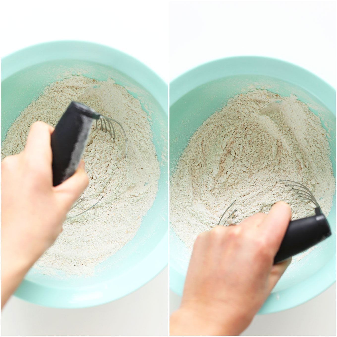 Using a pastry cutter to cut coconut oil into dry ingredients
