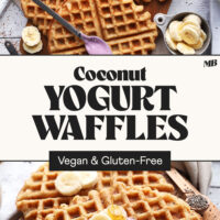 Two photos of our coconut yogurt waffles with text between them that says vegan and gluten-free