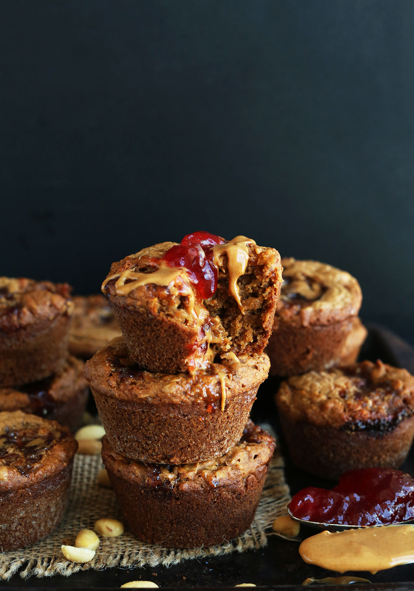 Stack of our healthy, gluten-free, vegan PB&J Muffins recipe