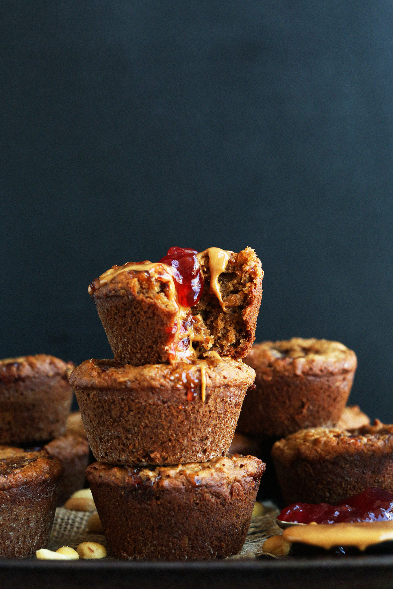 Stack of our delicious 1-Bowl PB&J Muffins recipe