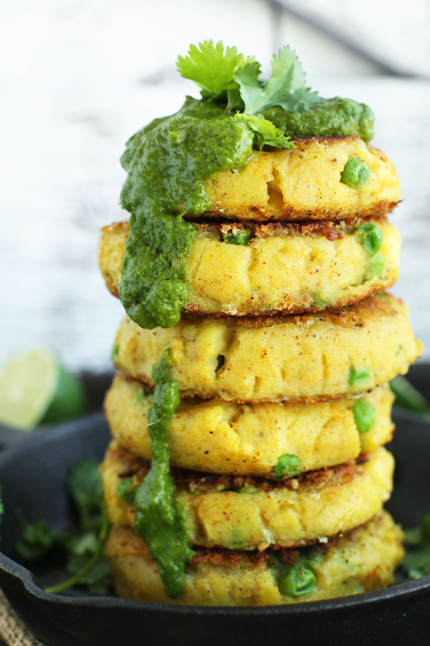 Stack of our Samosa-Inspired Potato Cakes with Chutney for a vegan gluten-free meal