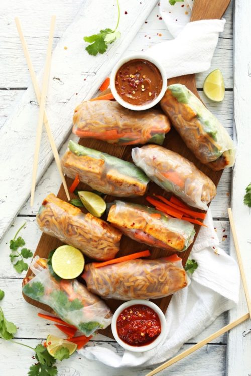 Platter with our recipe for healthy Vegan Tofu Pad Thai Spring Rolls