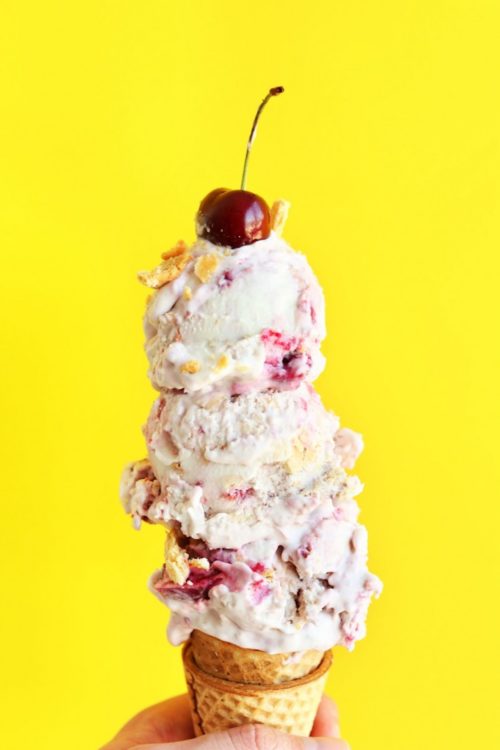 Scoops of Cherry Pie Ice Cream for a delicious homemade vegan dessert