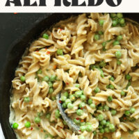 A skillet of our 30-minute vegan gluten-free alfredo pasta recipe