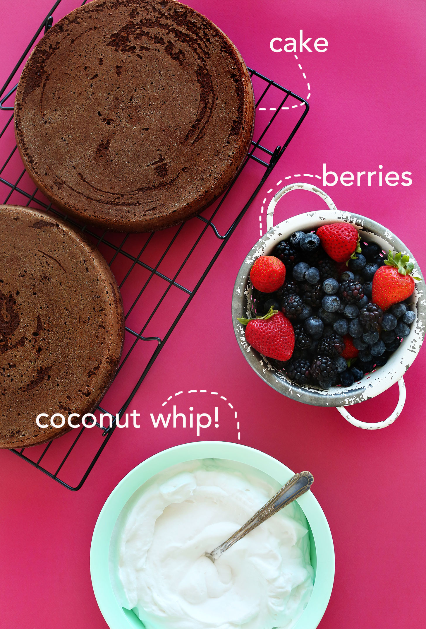 Coconut whip, fresh berries, and layers of cake for making homemade gluten-free vegan birthday cake