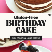 Plates with a slice and whole gluten-free birthday cake with layers of coconut whipped cream and fresh berries and text between the photos that says SO moist and just 1 bowl