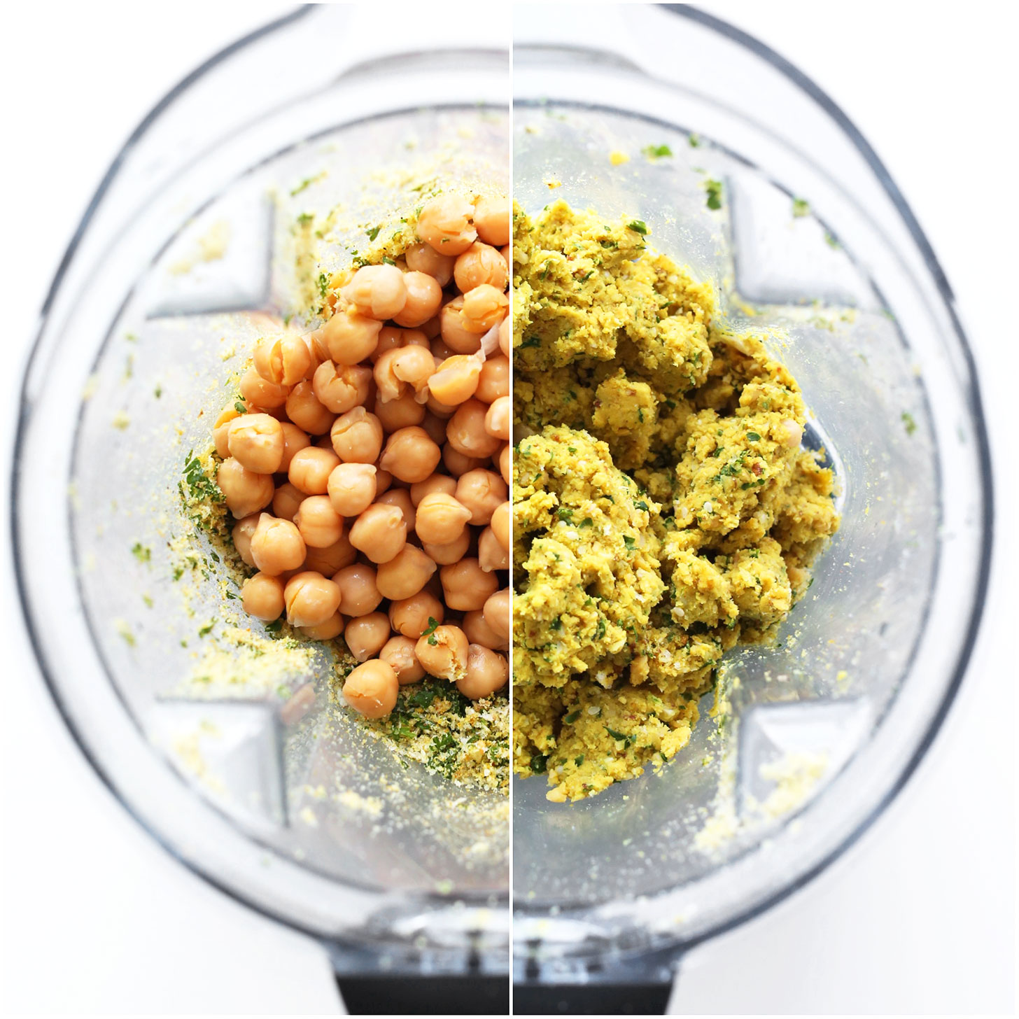 Blender before and after photos of our Turmeric Chickpea Fritters