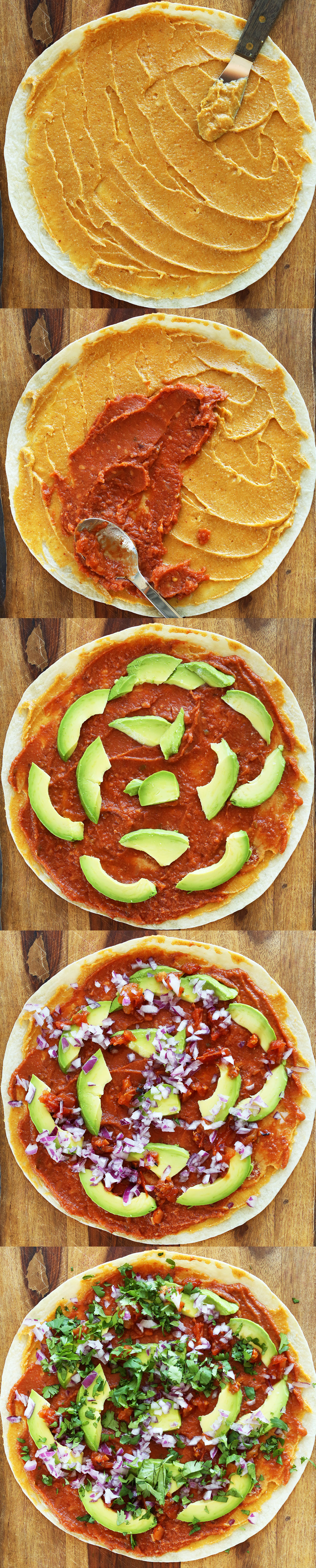 Photos showing layers of ingredients spread onto a tortilla for Mexican Pinwheels