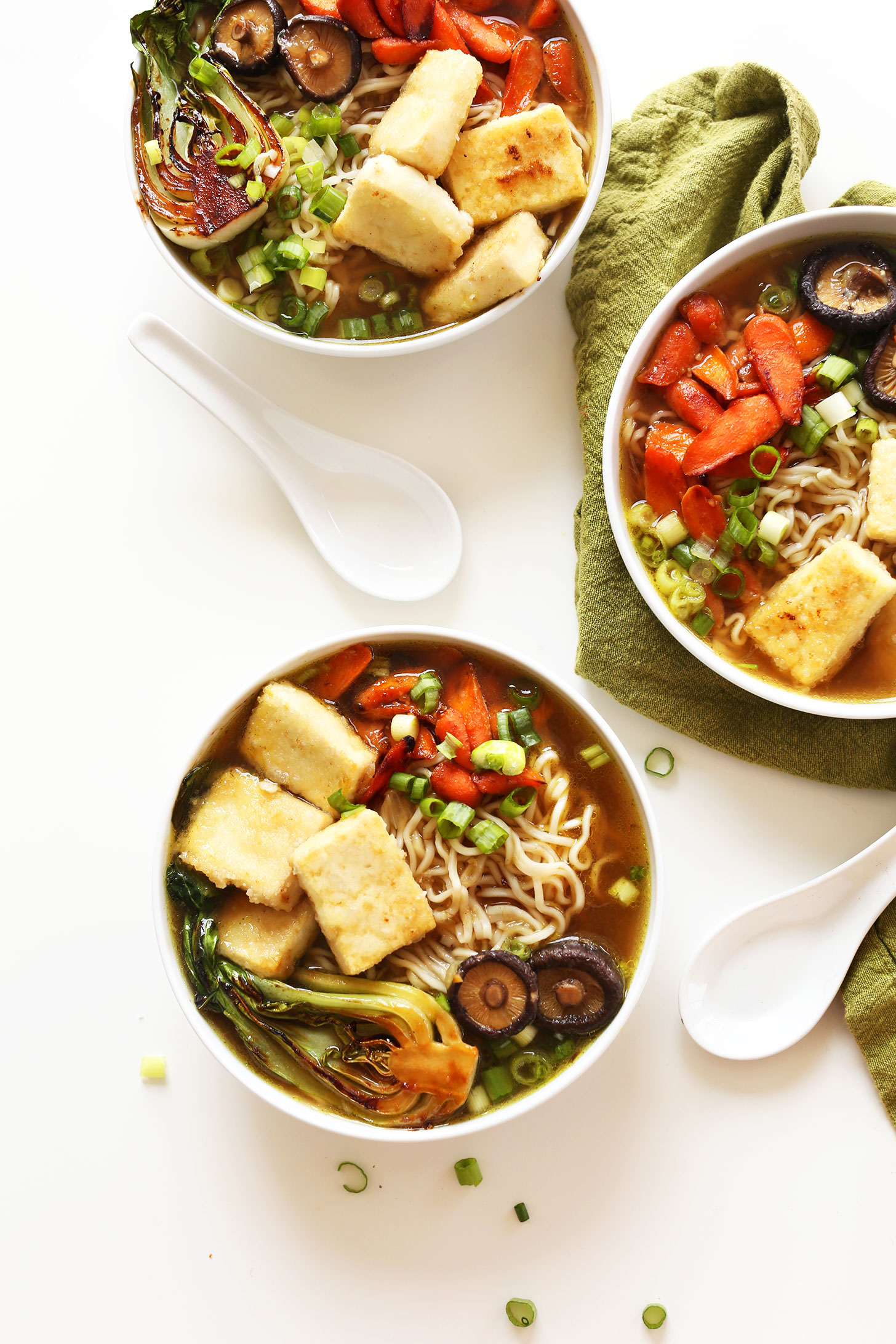 Dinner bowls filled with our vegan ramen recipe for a warm dinner meal