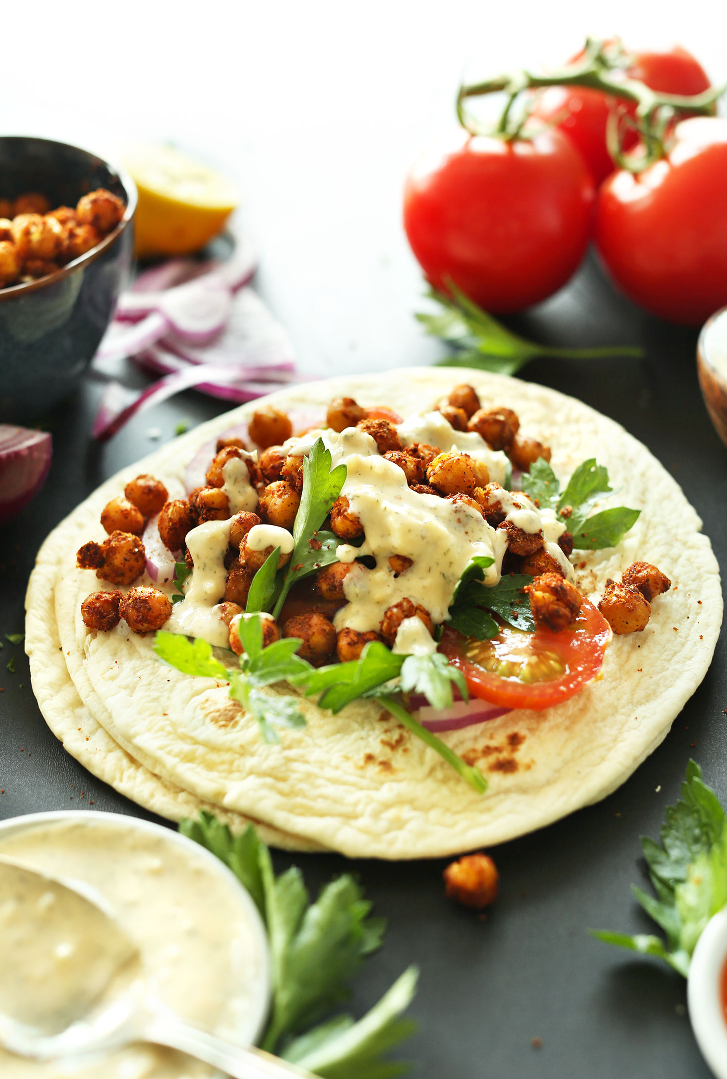One of our simple Vegan Chickpea Shawarma Wraps ready for rolling