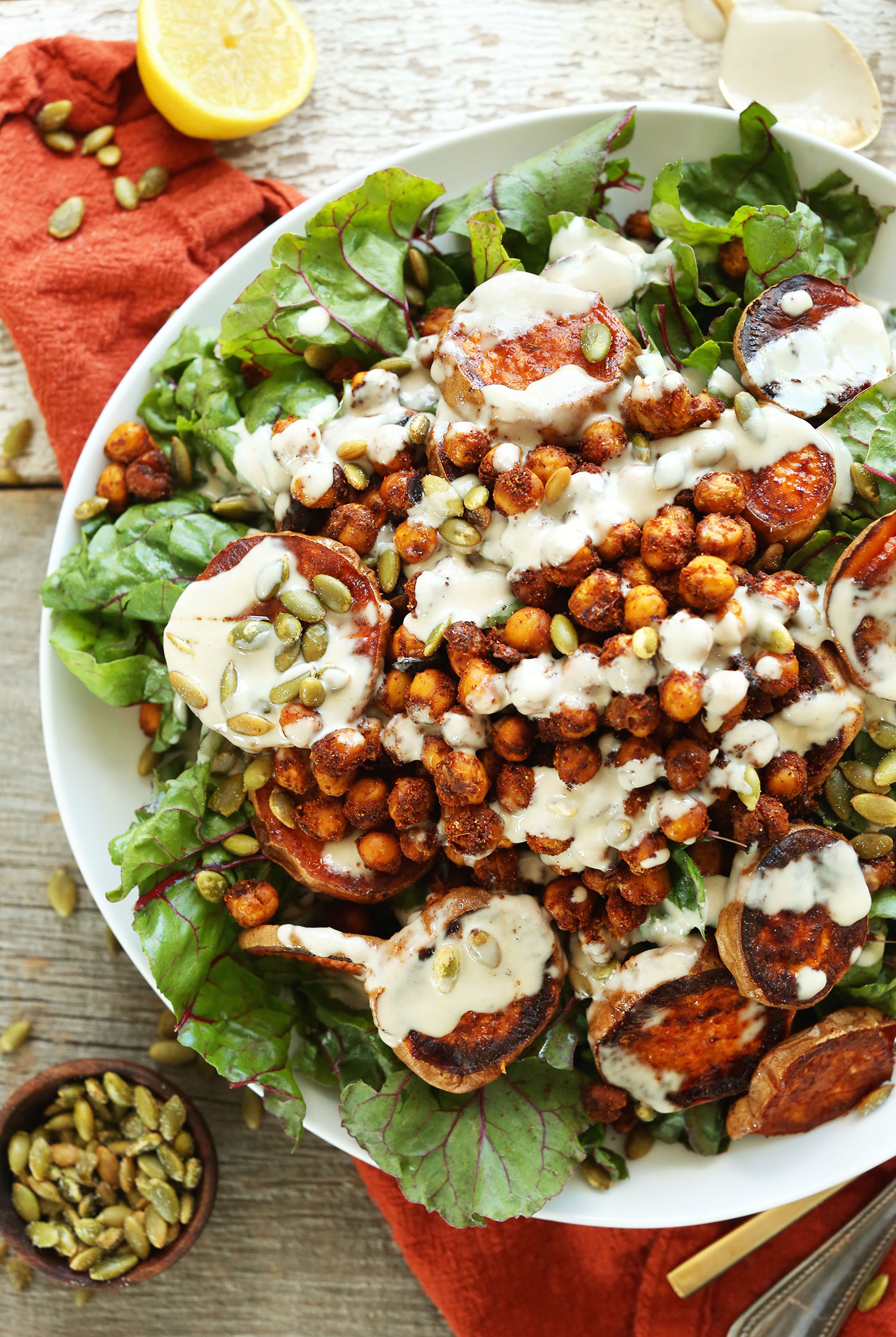 Big plate of our healthy Roasted Sweet Potato Crispy Chickpea Salad with Creamy Tahini Dressing