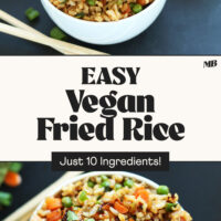 Two bowls of easy, 10-ingredient vegan fried rice with crispy tofu and veggies