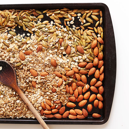 Baking sheet of nuts and seeds for making Toasted Pumpkin Muesli