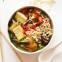 Bowl of Easy Vegan Ramen made with tofu and vegetables