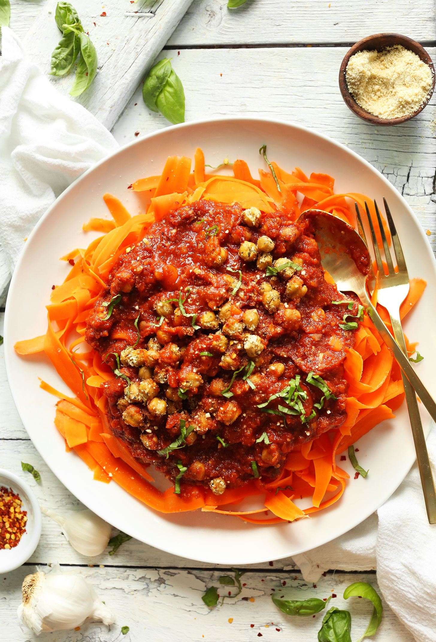 Big plate filled with our recipe for healthy Chickpea Bolognese with Carrot Noodles