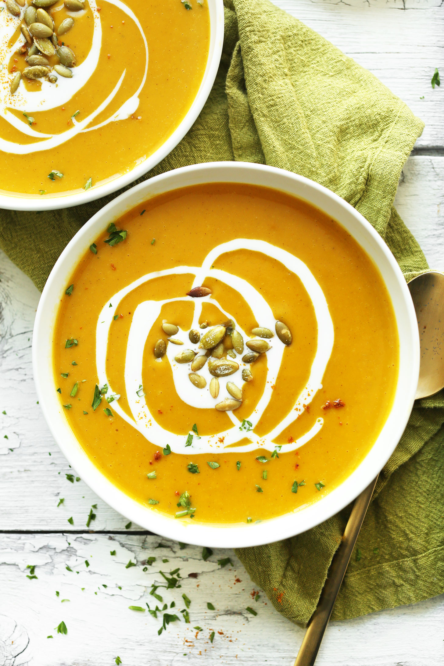Bowl of our creamy flavorful Curried Butternut Squash Soup for a healthy vegan fall recipe