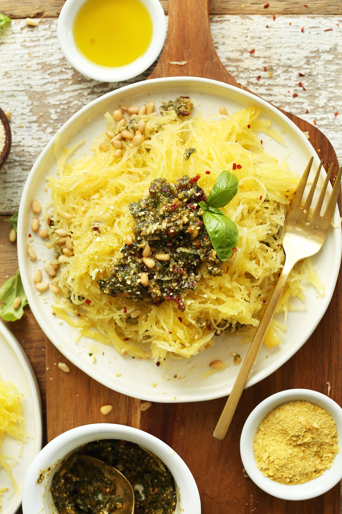 Big serving of Spaghetti Squash Pasta with Pesto for a simple vegan dinner