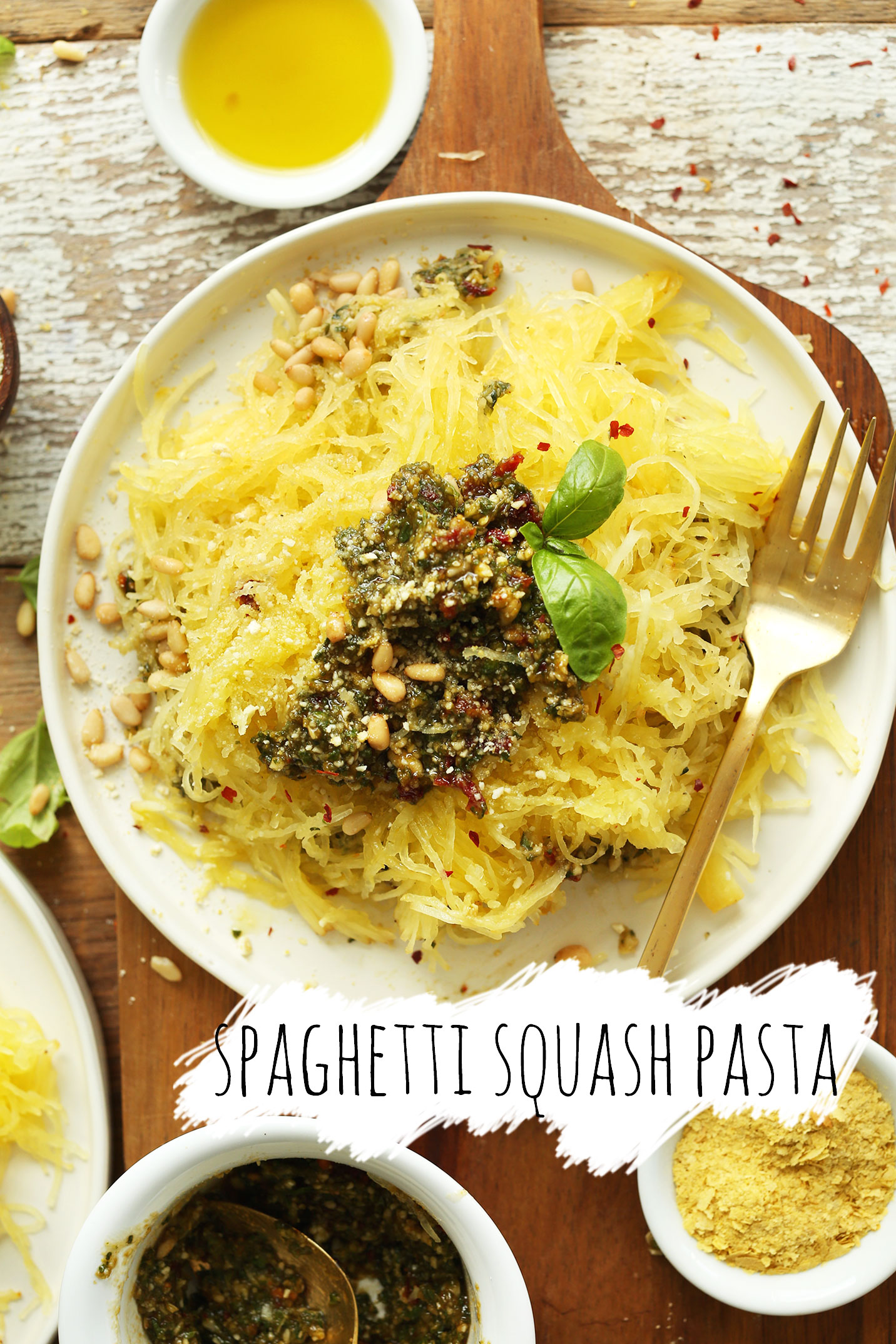 Big plate of our Spaghetti Squash Pasta with Vegan Pesto recipe