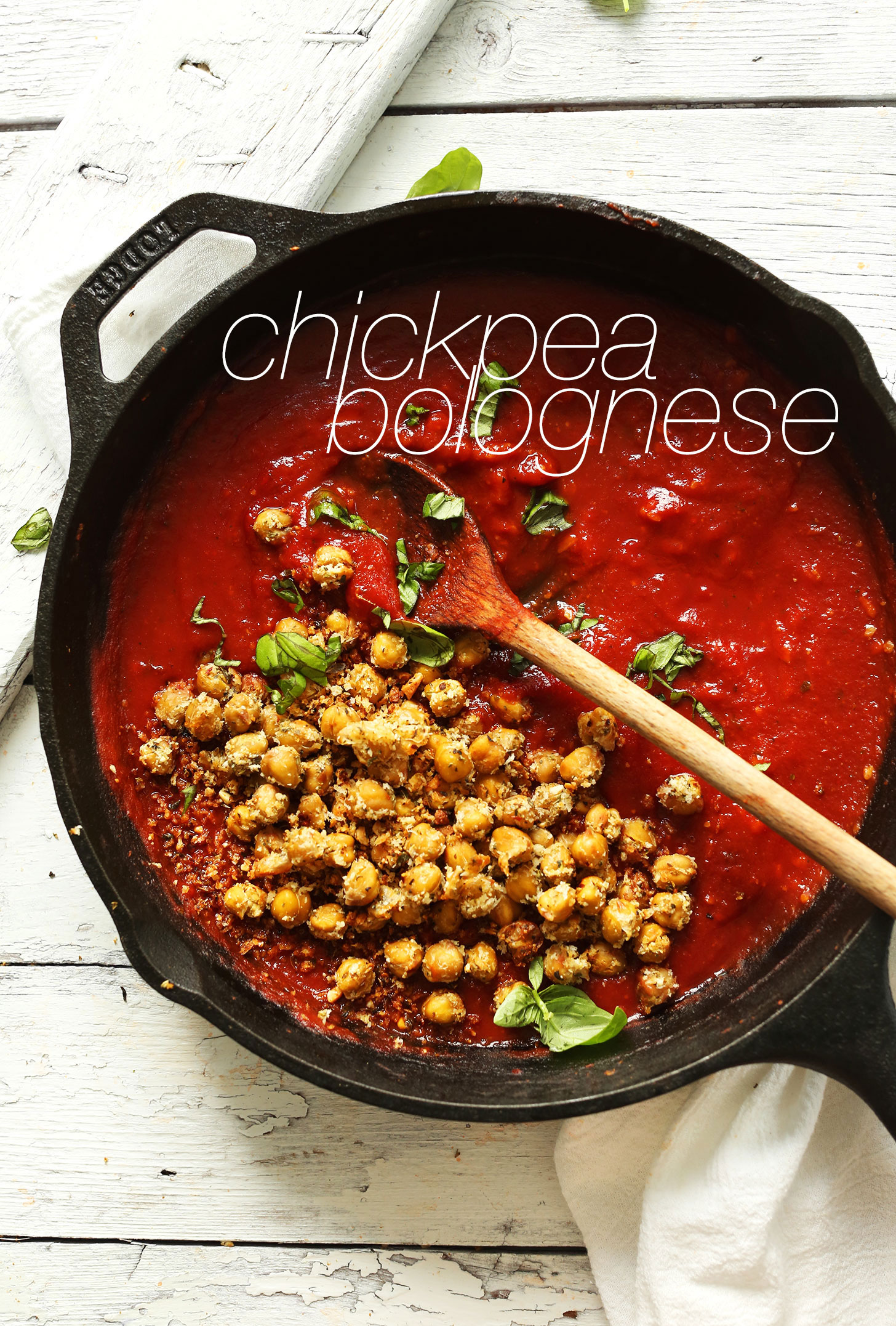 Cast-iron skillet filled with our gluten-free vegan recipe of Chickpea Bolognese