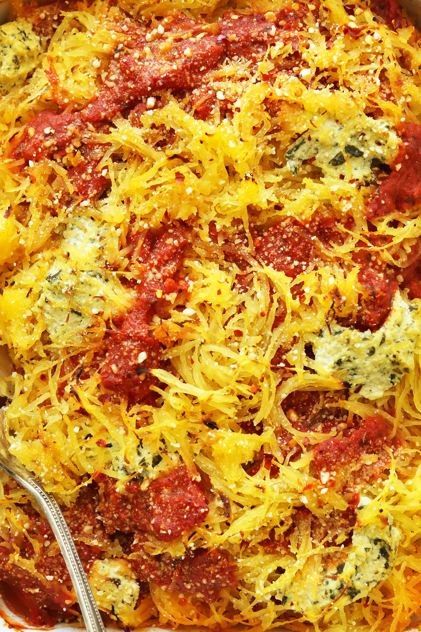Our delicious gluten-free vegan Spaghetti Squash Lasagna Bake ready to go in the oven
