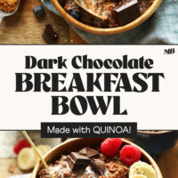 Two photos of our dark chocolate quinoa breakfast bowl topped with fresh fruit