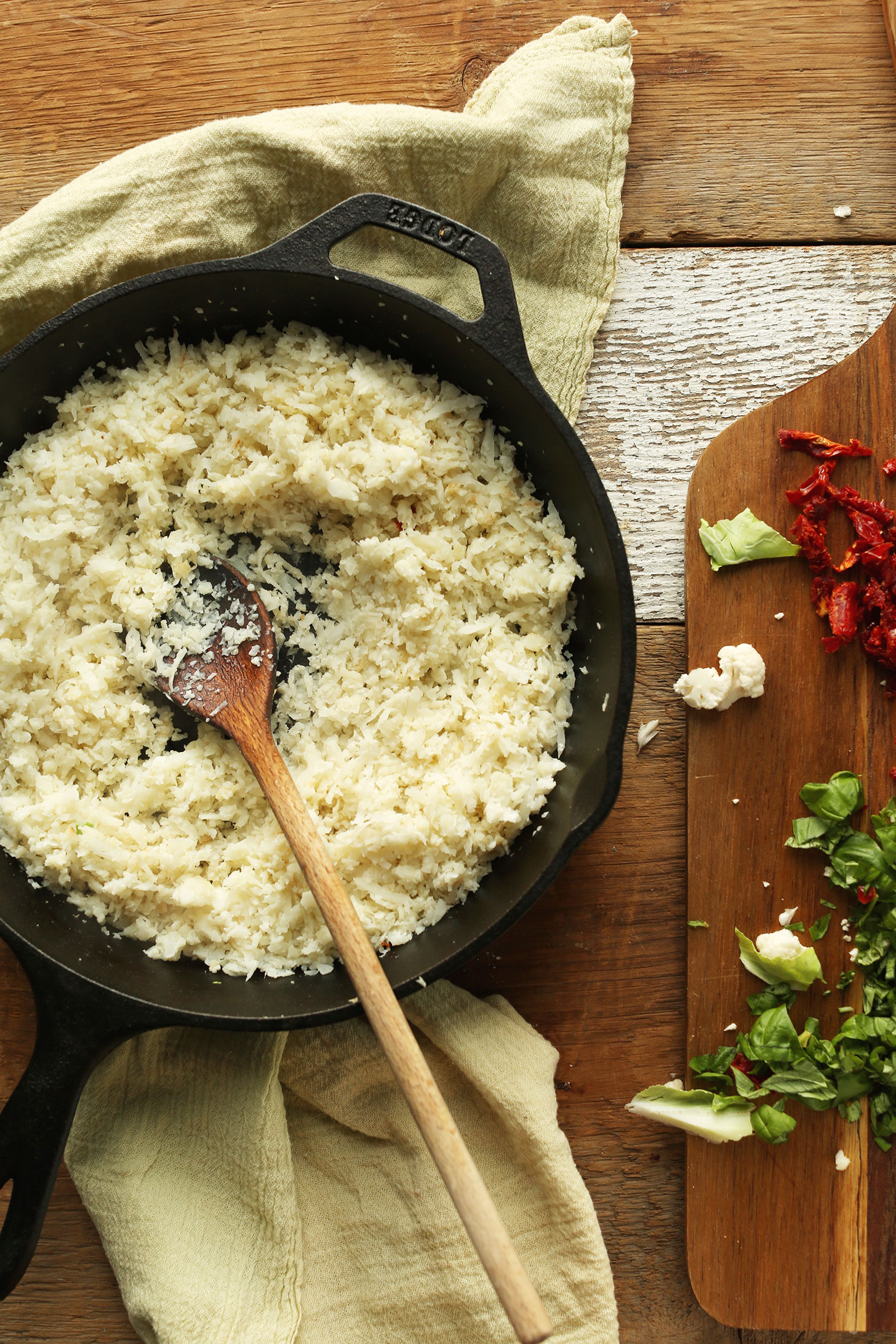 Turning cauliflower rice into Vegan Arancini in a cast-iron skillet