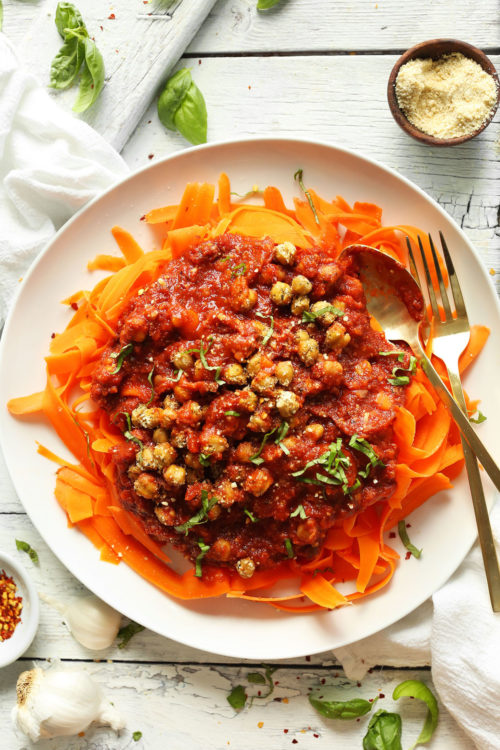 Dinner plate filled with our healthy Chickpea Bolognese with Carrot Noodles
