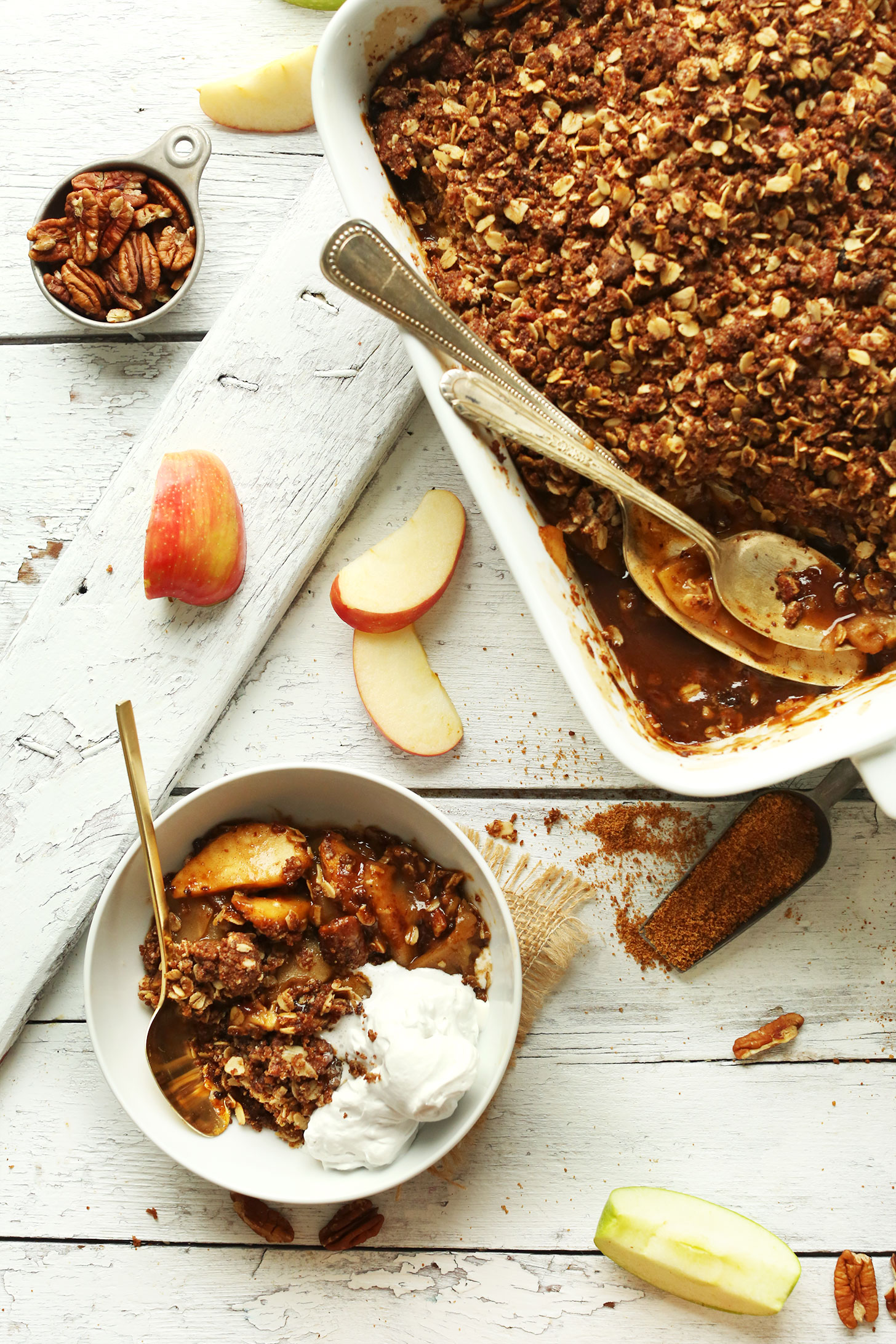 Dessert bowl with the best Vegan Apple Crisp with a Pecan-Oat Topping