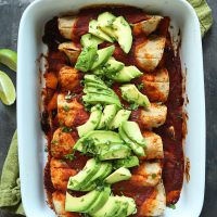 Pan of our healthy gluten-free vegan Butternut Squash and Black Bean Enchiladas recipe