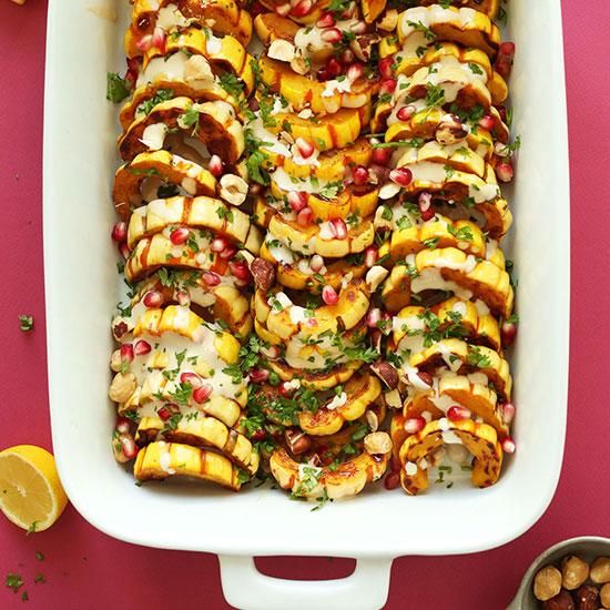 Baking pan filled with our recipe for Delicata Squash Bake with Tahini Sauce