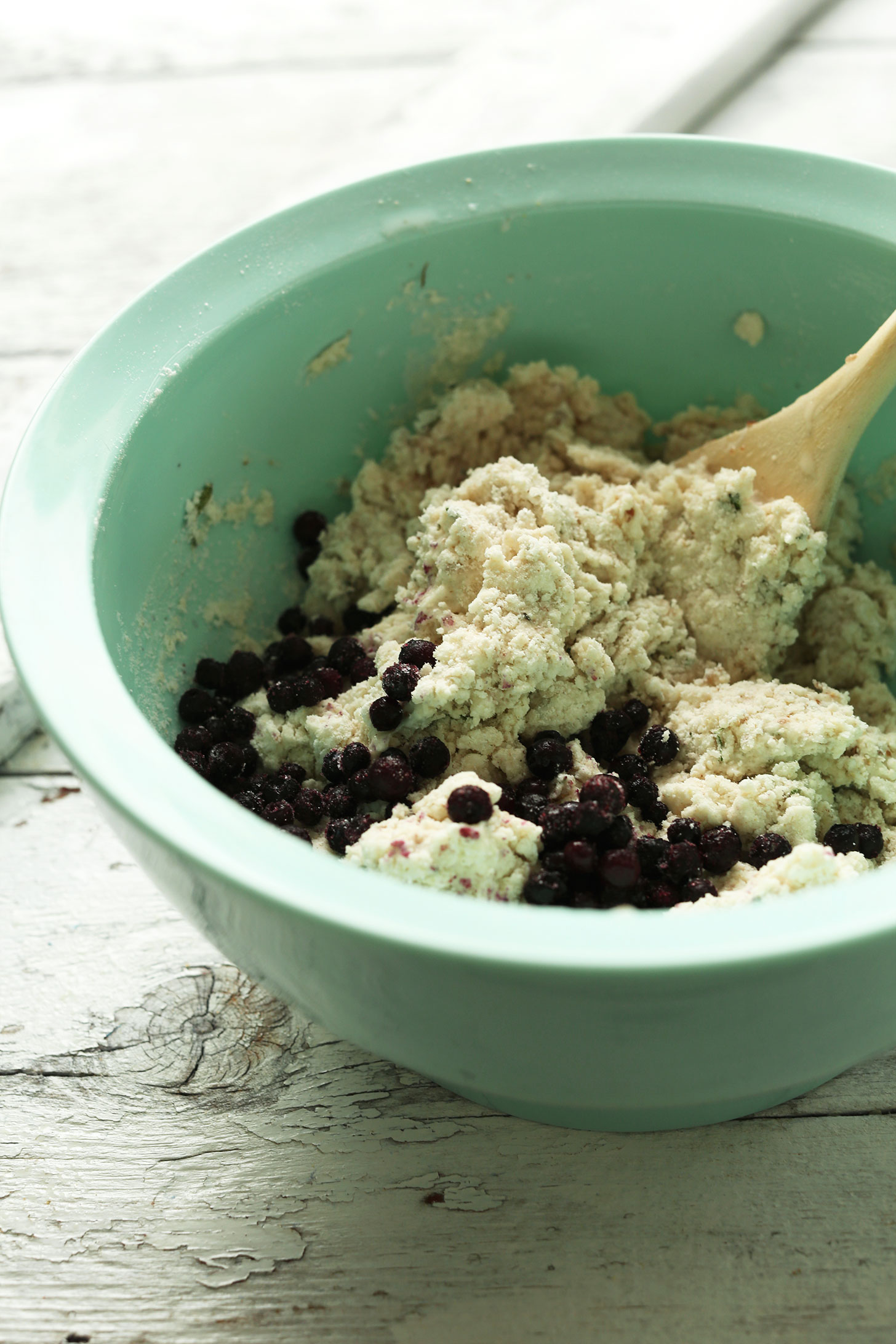 Stirring together batter for healthy vegan blueberry scones