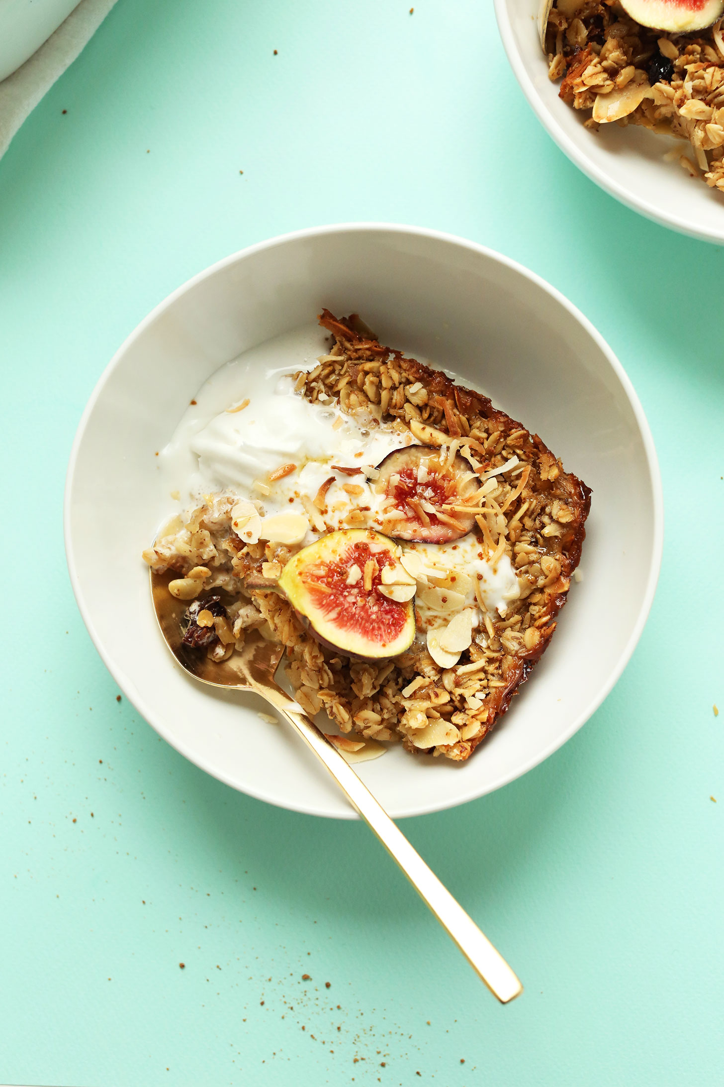 Bowl of our gluten-free vegan Toasted Coconut Baked Oatmeal recipe topped with fresh figs