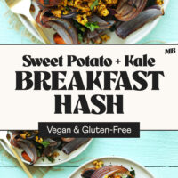 Two photos of our vegan and gluten-free sweet potato and kale breakfast hash