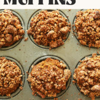 Overhead shot of a pan of vegan gluten-free pumpkin muffins