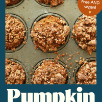 Overhead shot of a pan of pecan crumble pumpkin muffins