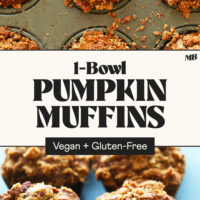 Overhead and angled photos of our 1-bowl vegan gluten-free pumpkin muffins