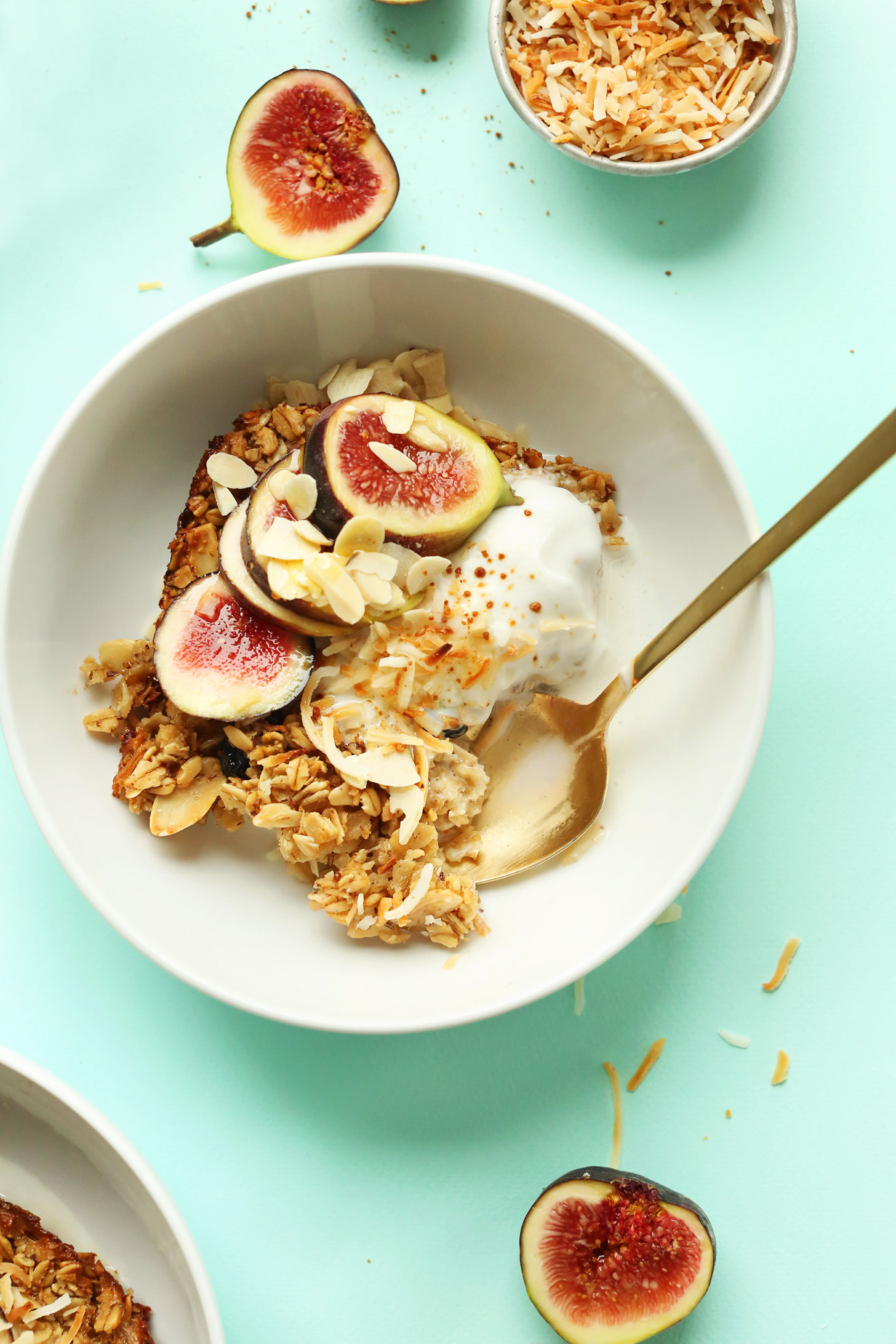 Bowl of Toasted Coconut Baked Oatmeal for a delicious gluten-free vegan breakfast recipe