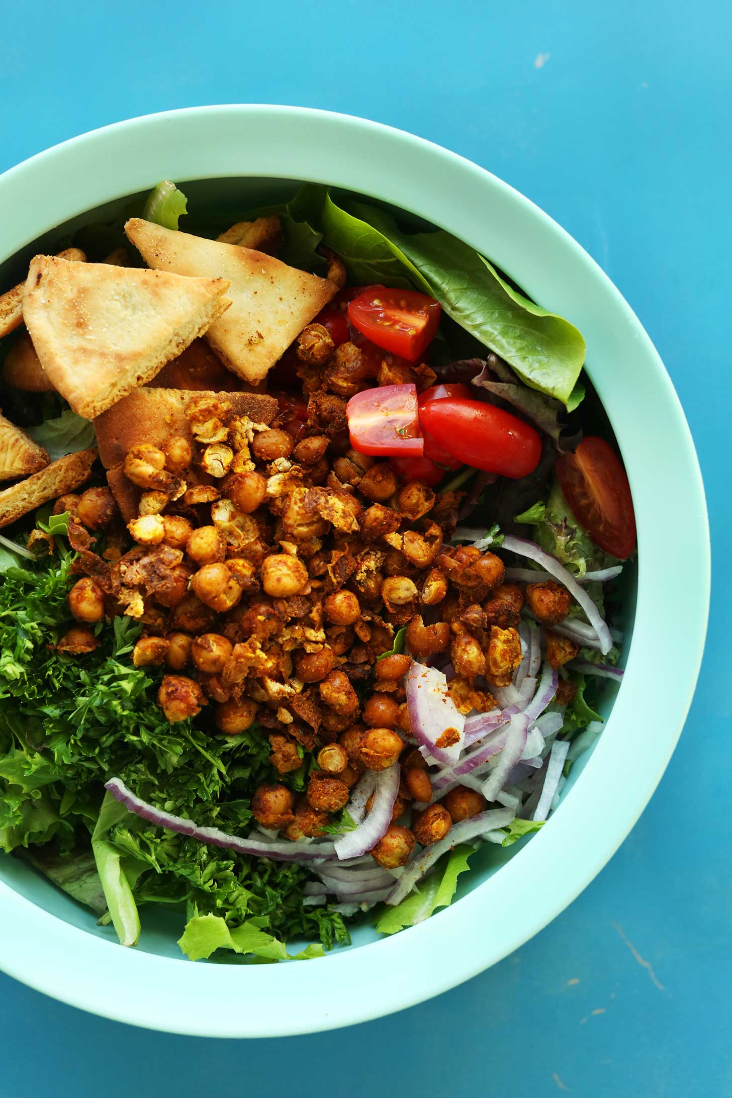 Big bowl filled with our recipe for gluten-free vegan Chickpea Shawarma Salad