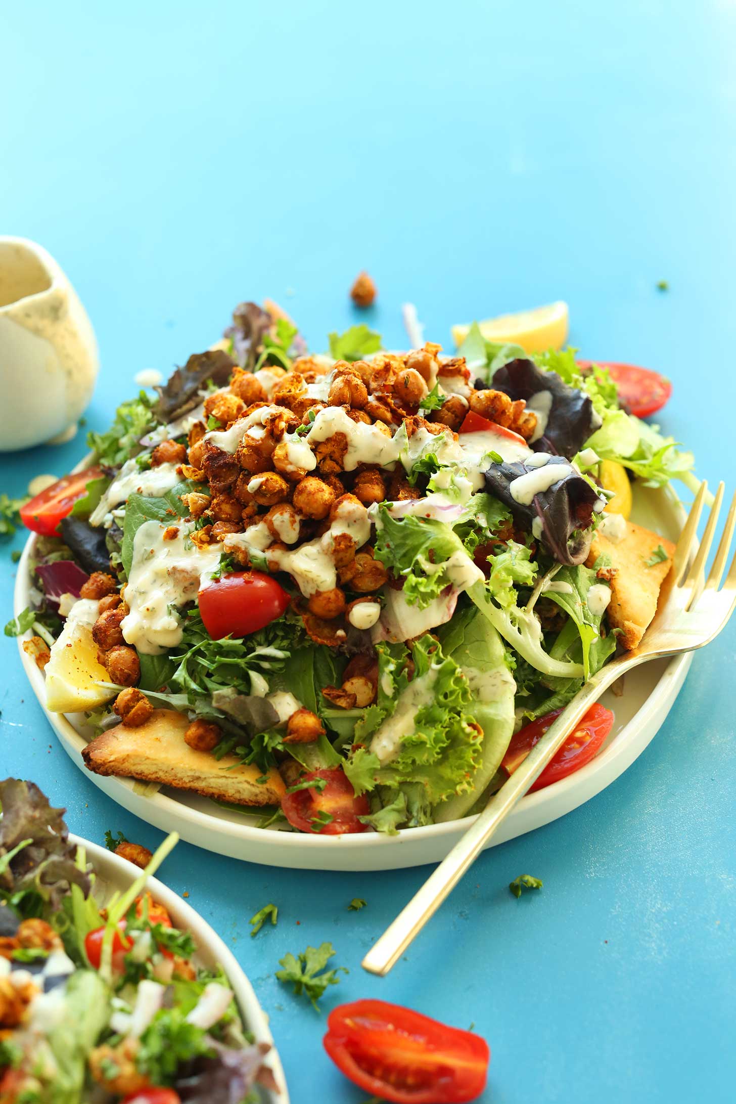 Plate filled with a large serving of our Chickpea Shawarma Salad for a gluten-free vegan meal