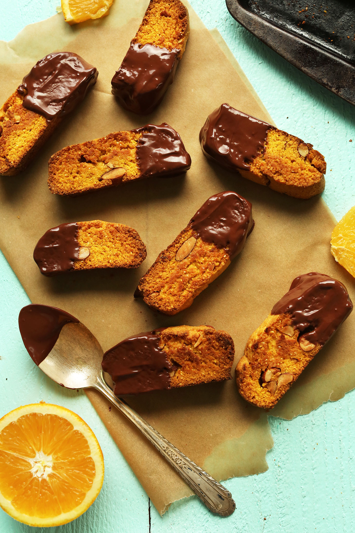 Batch of chocolate-dipped Orange Almond Biscotti for a vegan dessert