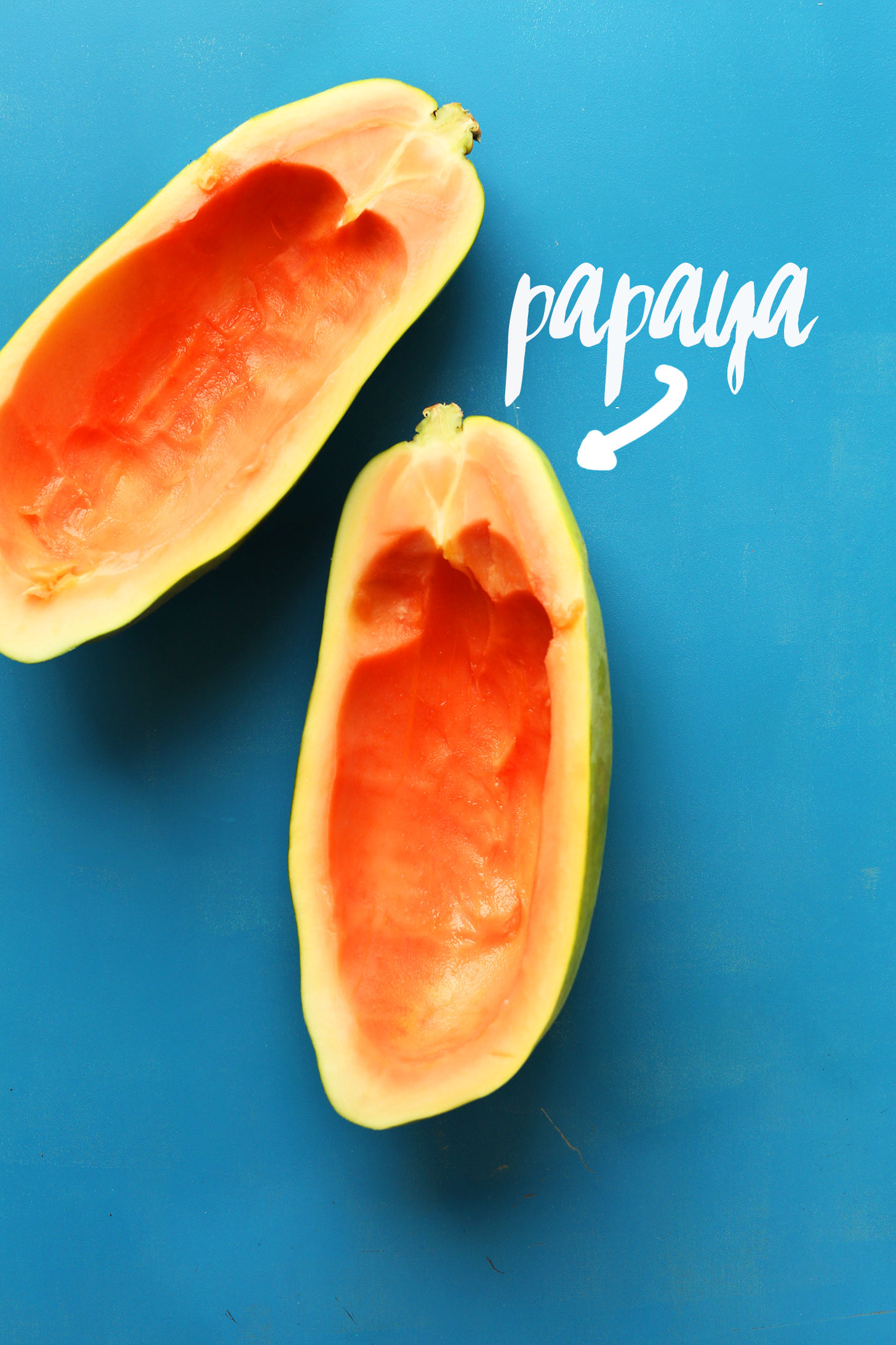 Freshly cleaned and halved papaya for our Thai Papaya Salad recipe