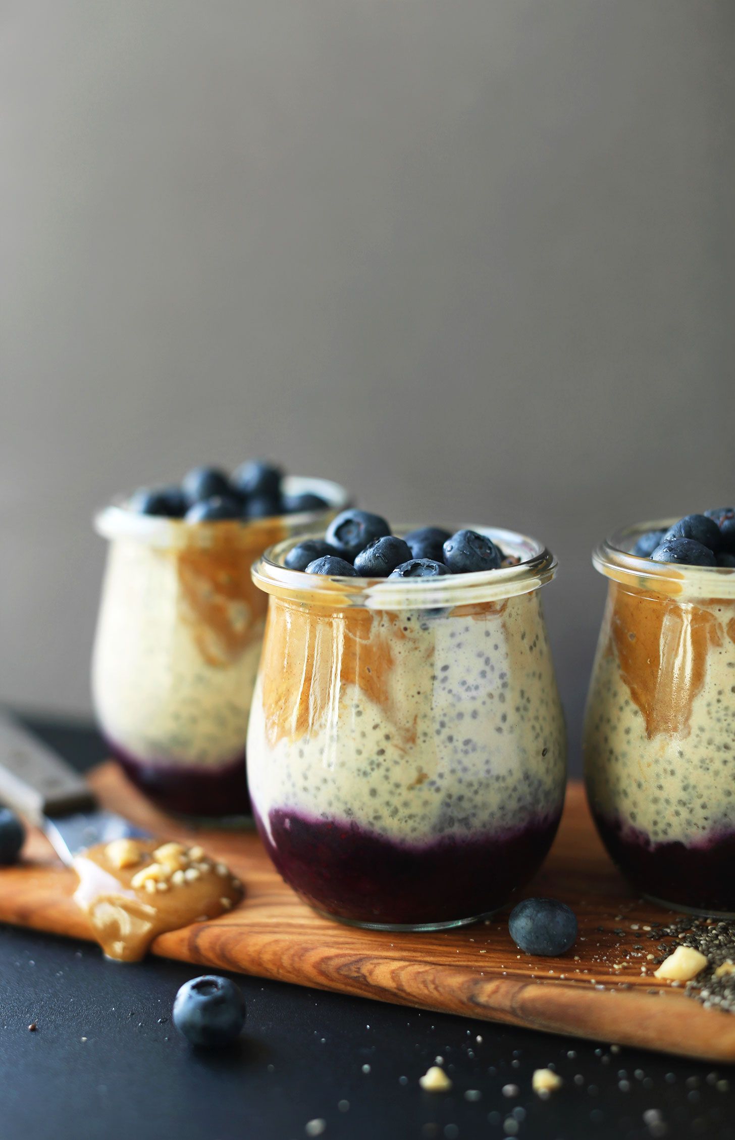 Jars of PB&J Chia Pudding for a nutritious and filling vegan breakfast