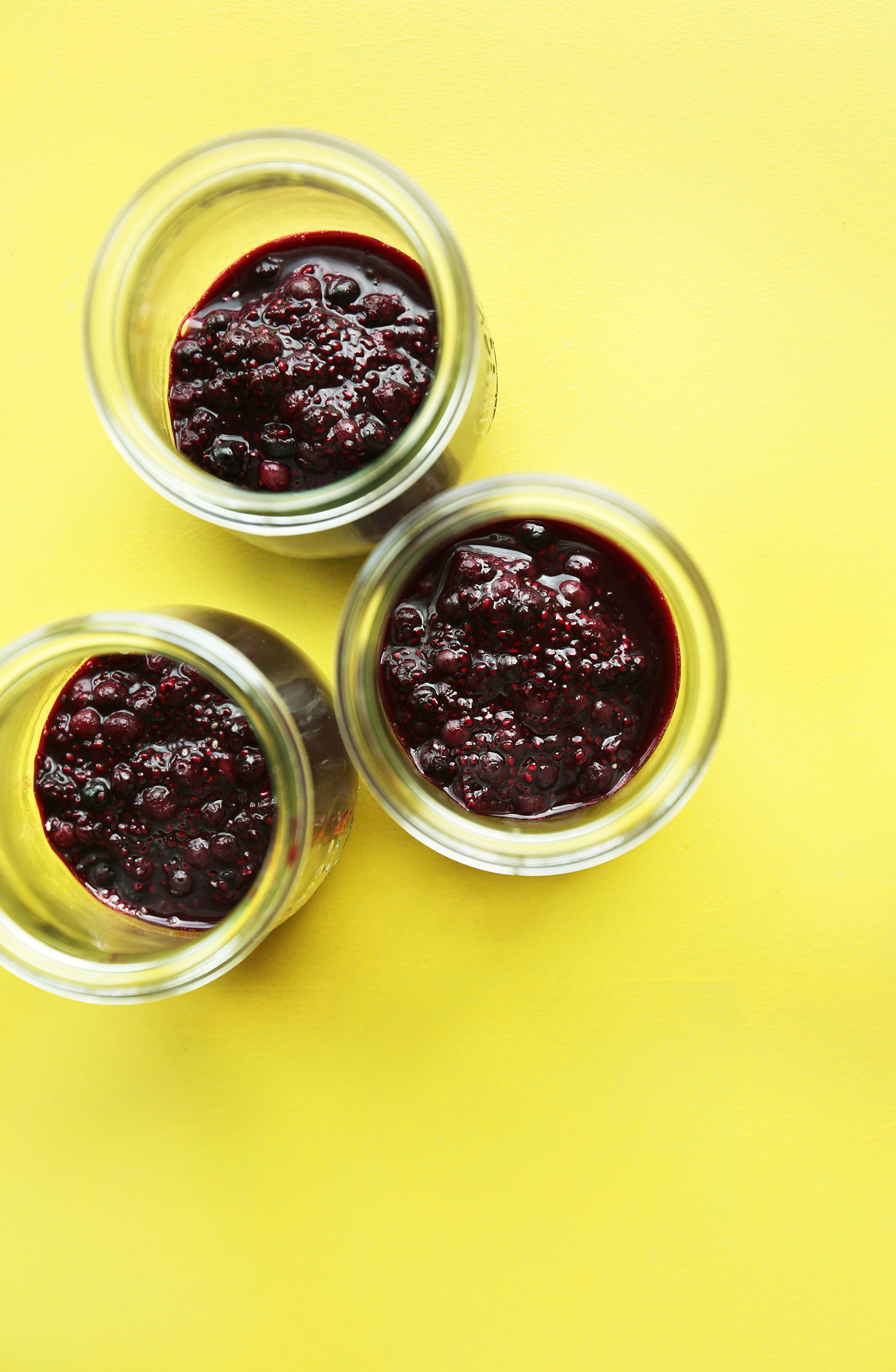 Three jars of naturally-sweetened Blueberry Chia Seed Compote